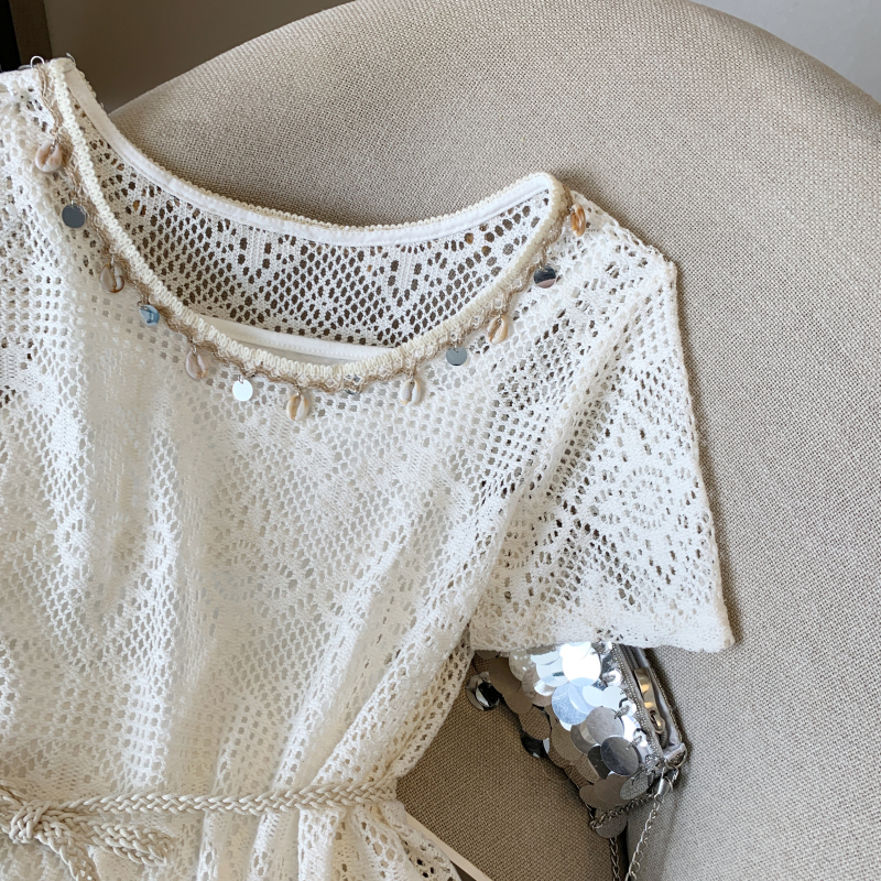 Hollow hook flower vest summer sling T-shirt a set for women