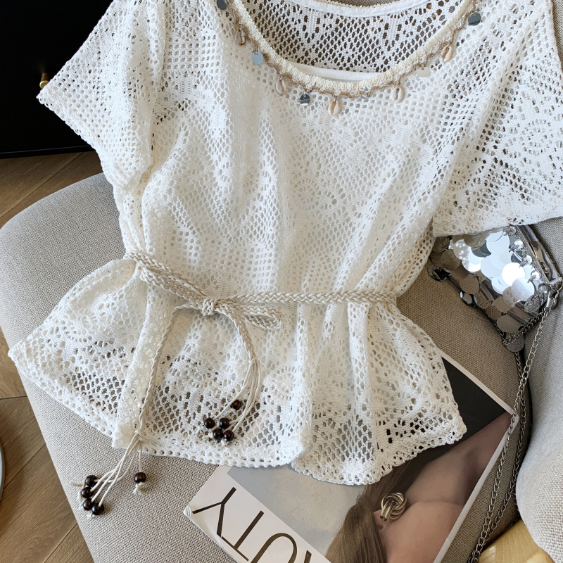 Hollow hook flower vest summer sling T-shirt a set for women