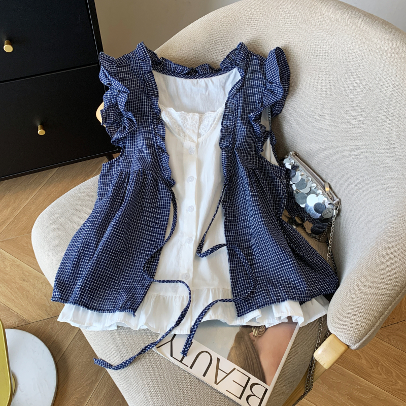Plaid loose shirt wood ear doll shirt for women