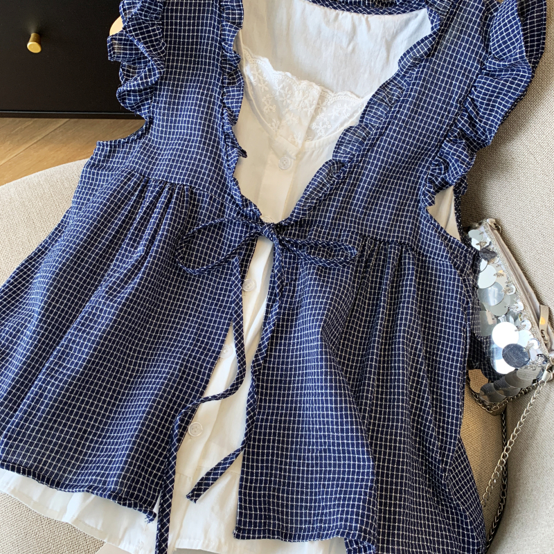 Plaid loose shirt wood ear doll shirt for women