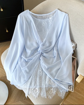 Sexy white sun shirt hollow splice shirt for women