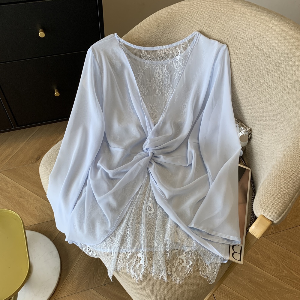 Sexy white sun shirt hollow splice shirt for women