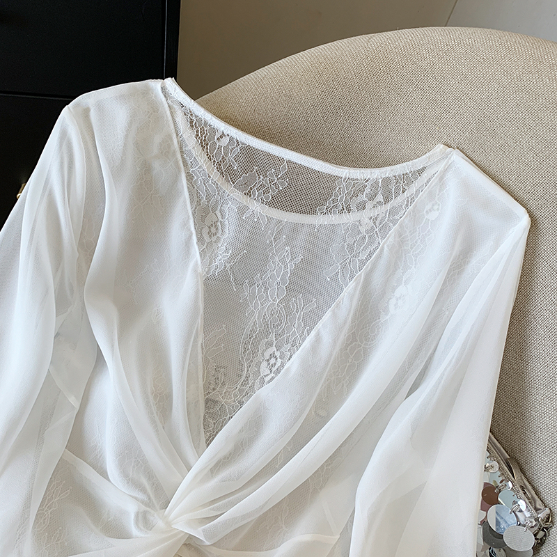 Sexy white sun shirt hollow splice shirt for women