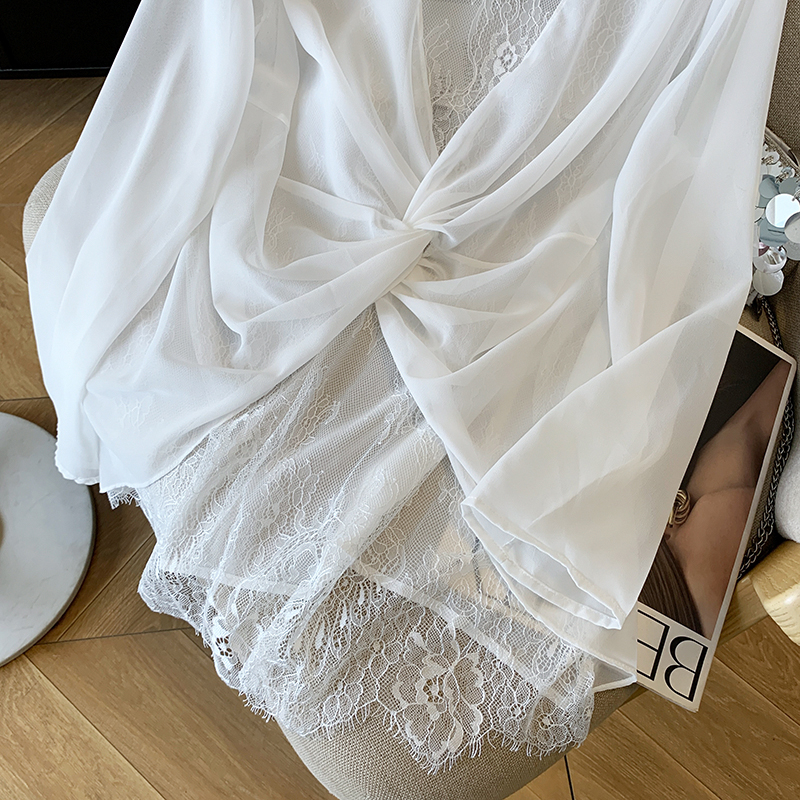 Sexy white sun shirt hollow splice shirt for women