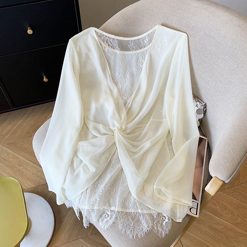 Sexy white sun shirt hollow splice shirt for women