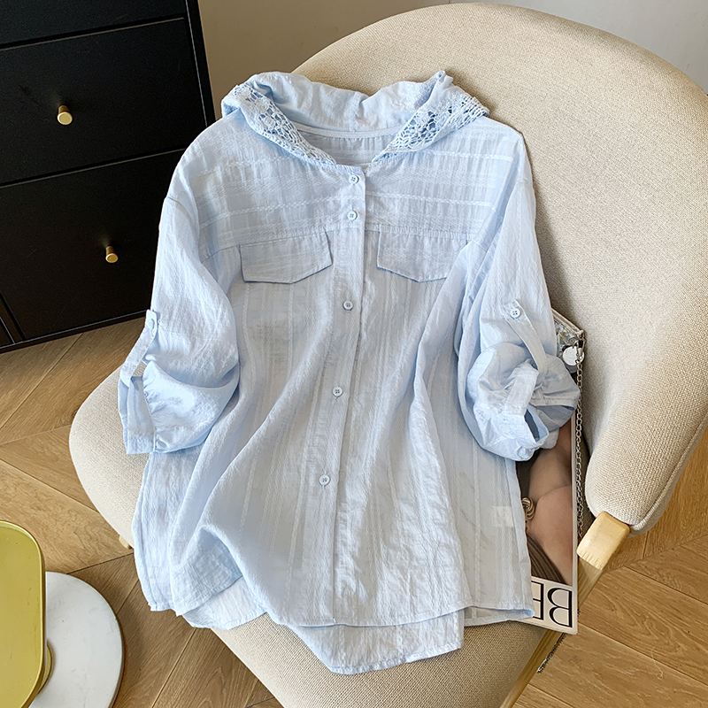 Hooded France style lace tops lazy summer shirt for women