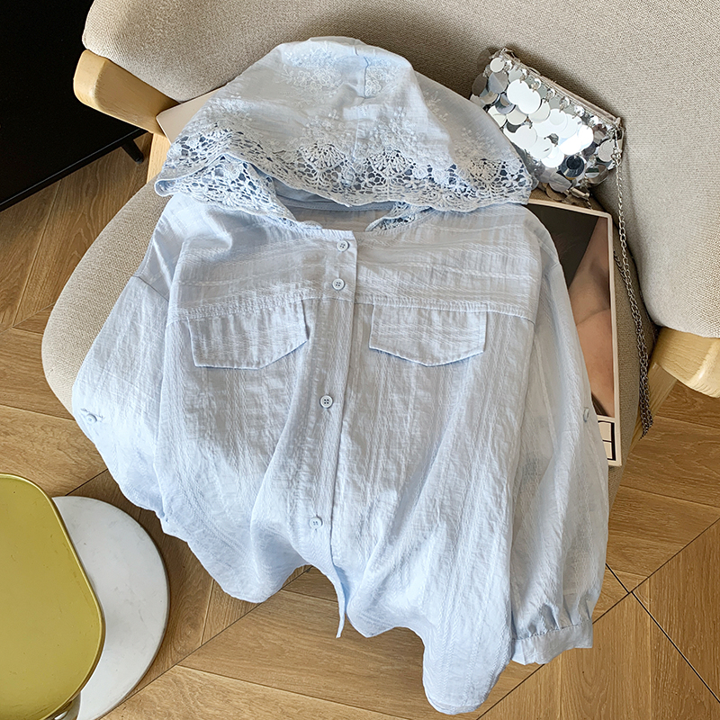 Hooded France style lace tops lazy summer shirt for women