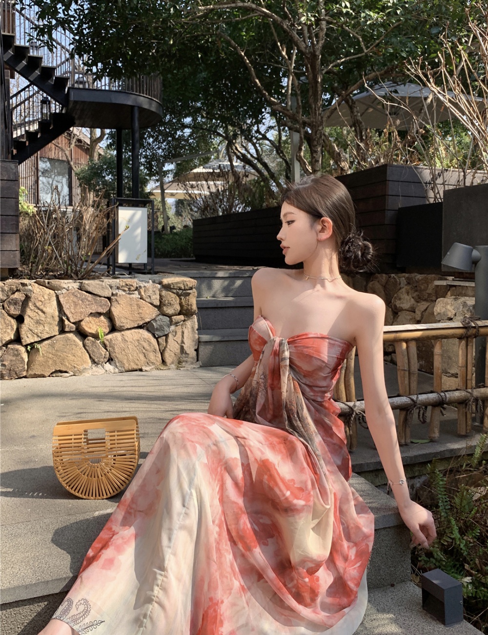 Chinese style tie dye temperament slim niche dress