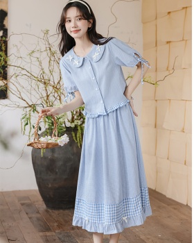 Retro girl shirt art plaid skirt 2pcs set