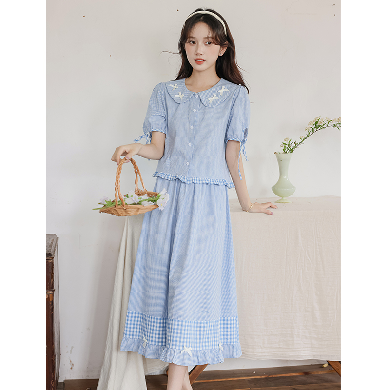 Retro girl shirt art plaid skirt 2pcs set