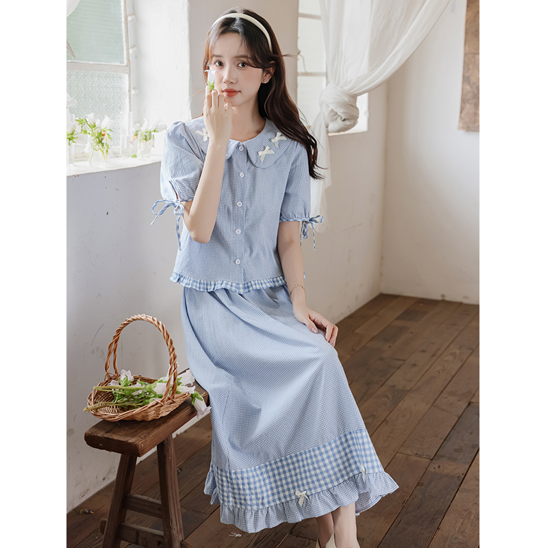 Retro girl shirt art plaid skirt 2pcs set
