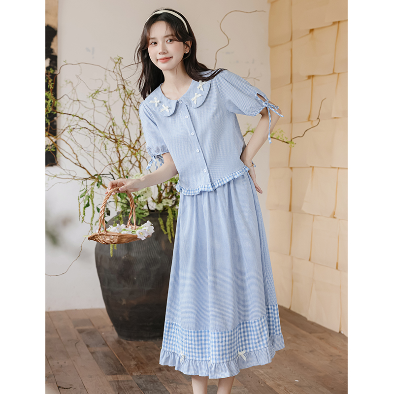 Retro girl shirt art plaid skirt 2pcs set