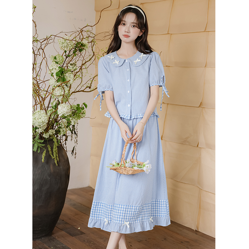 Retro girl shirt art plaid skirt 2pcs set