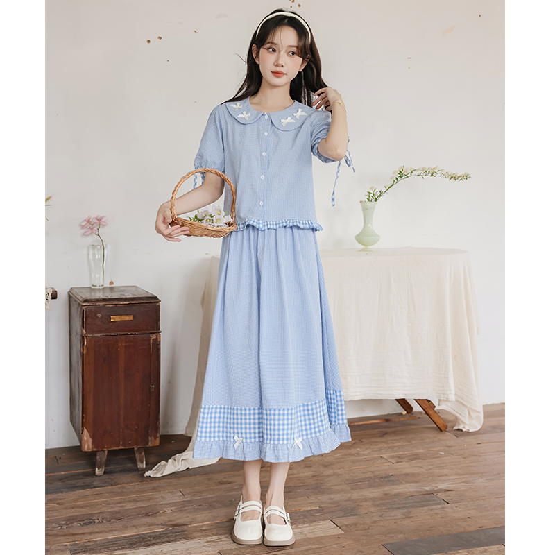 Retro girl shirt art plaid skirt 2pcs set