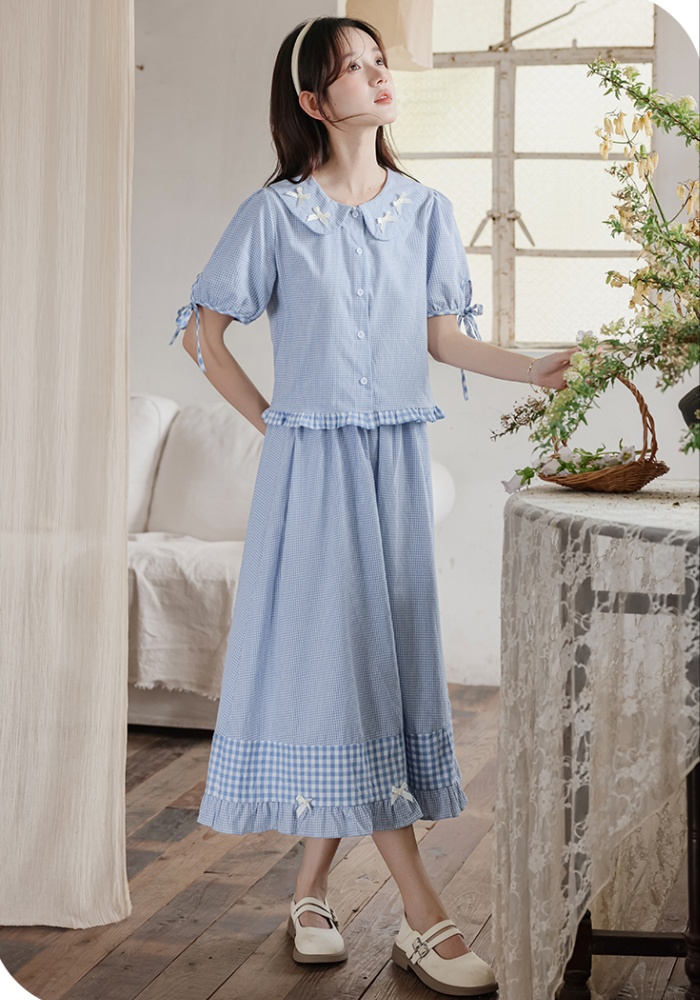 Retro girl shirt art plaid skirt 2pcs set