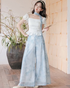 Chinese style tops wide leg pants 2pcs set for women