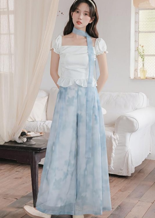 Chinese style tops wide leg pants 2pcs set for women