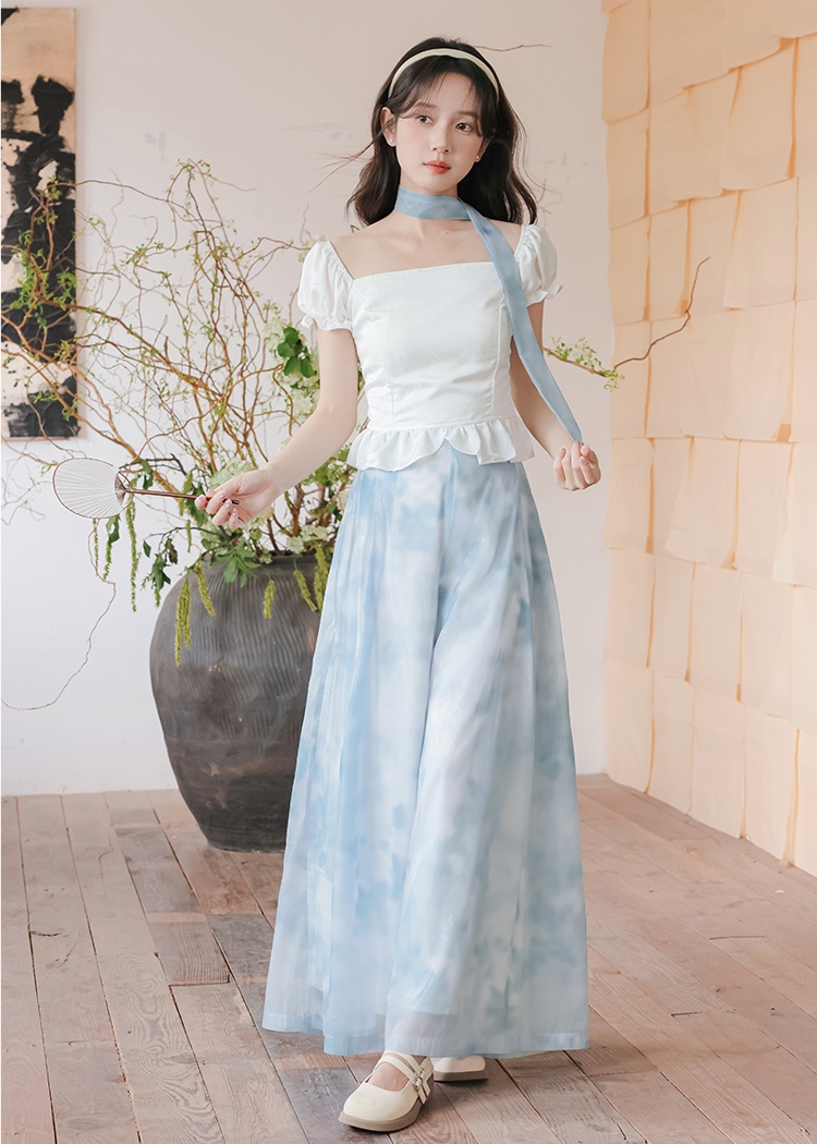 Chinese style tops wide leg pants 2pcs set for women