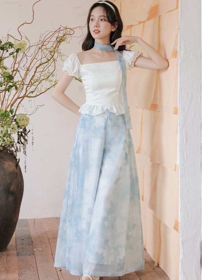 Chinese style tops wide leg pants 2pcs set for women