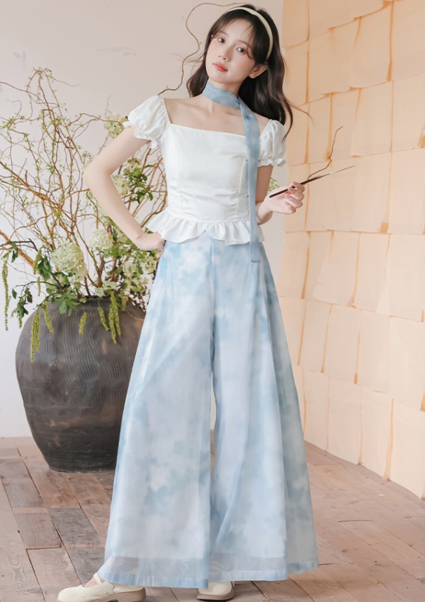 Chinese style tops wide leg pants 2pcs set for women
