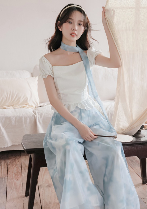 Chinese style tops wide leg pants 2pcs set for women