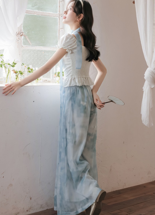 Chinese style tops wide leg pants 2pcs set for women