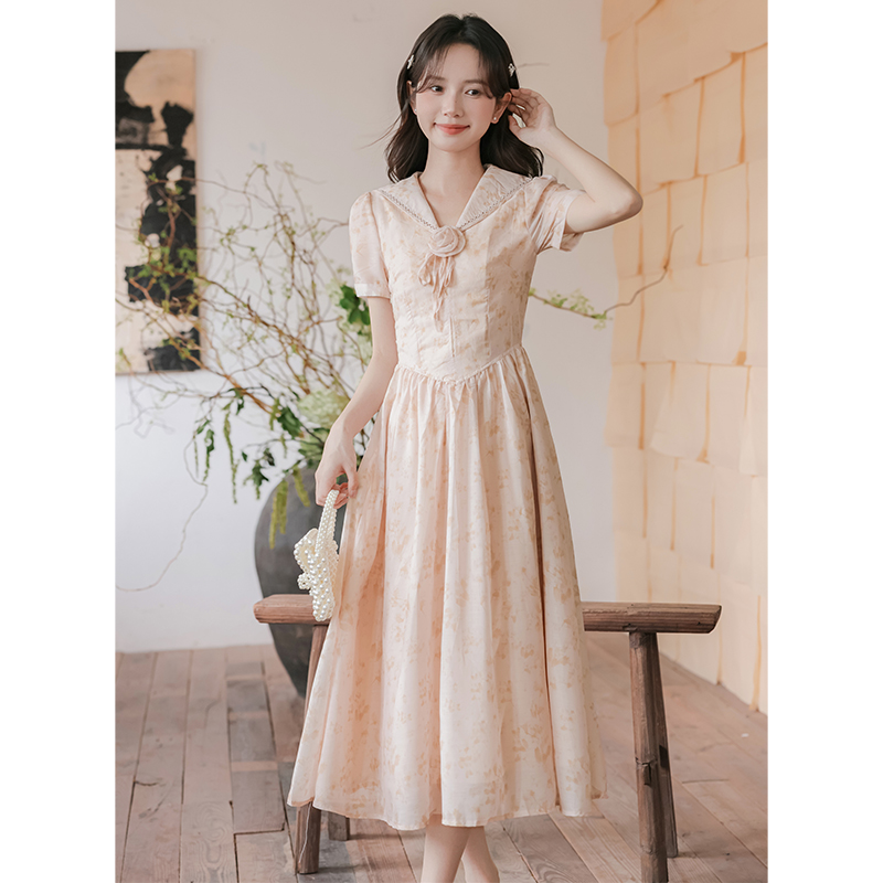 Slim short sleeve A-line long summer dress for women