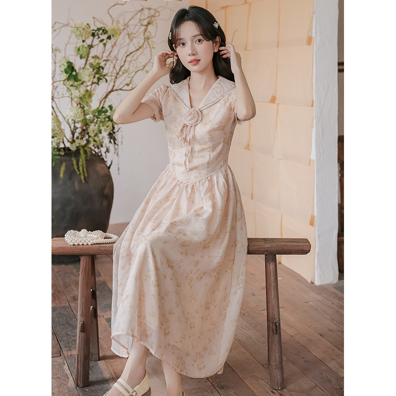 Slim short sleeve A-line long summer dress for women