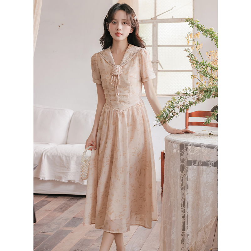 Slim short sleeve A-line long summer dress for women