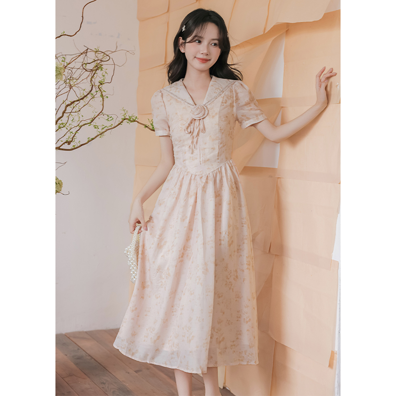 Slim short sleeve A-line long summer dress for women