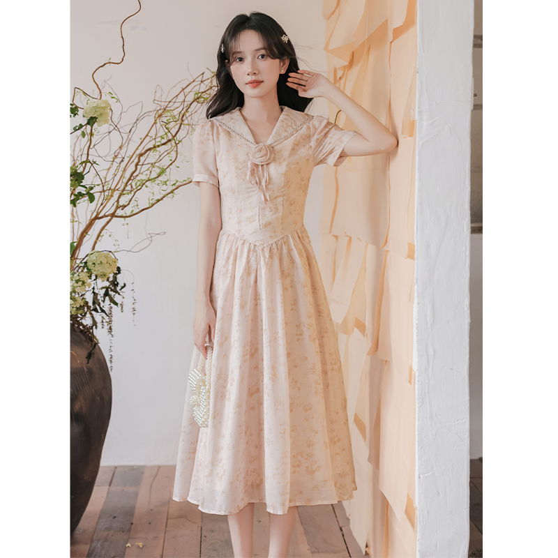 Slim short sleeve A-line long summer dress for women