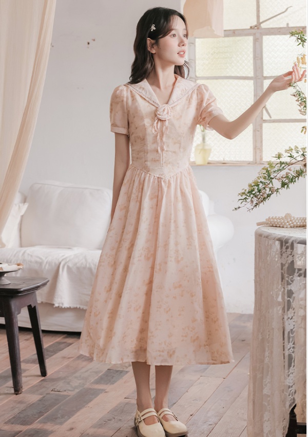 Slim short sleeve A-line long summer dress for women
