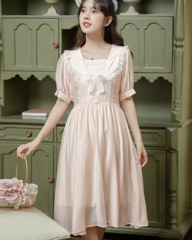 Peach summer niche pink navy collar maiden lace dress