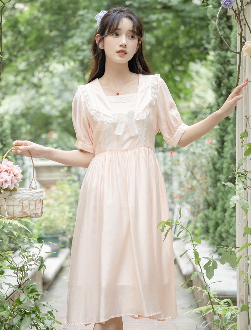 Peach summer niche pink navy collar maiden lace dress