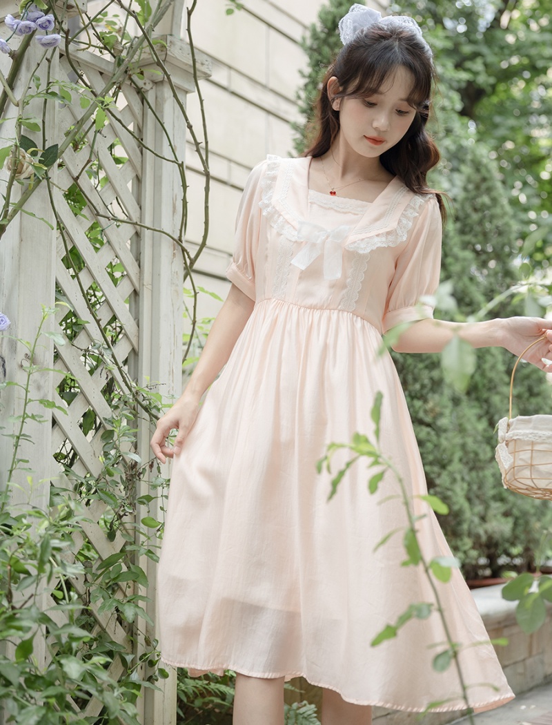Peach summer niche pink navy collar maiden lace dress