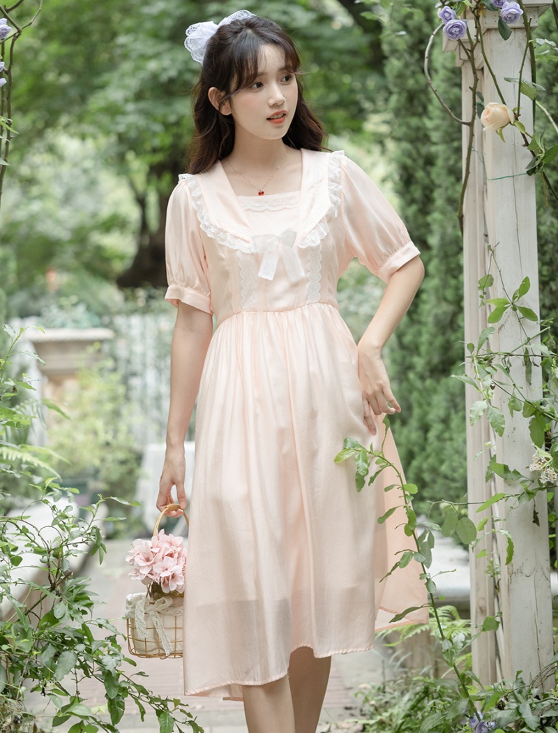 Peach summer niche pink navy collar maiden lace dress