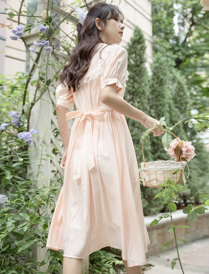 Peach summer niche pink navy collar maiden lace dress