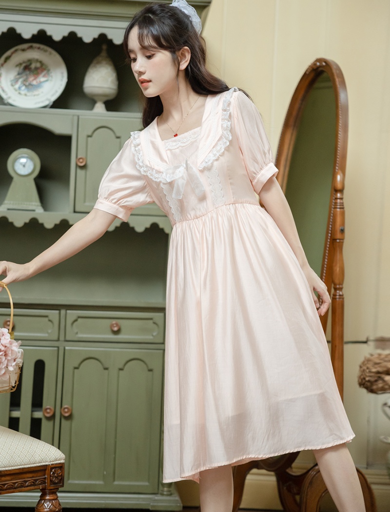 Peach summer niche pink navy collar maiden lace dress