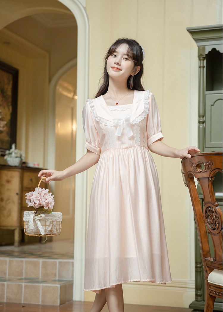 Peach summer niche pink navy collar maiden lace dress