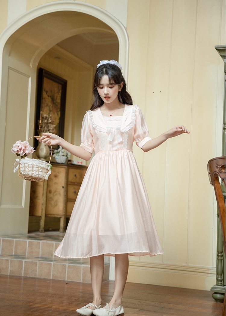 Peach summer niche pink navy collar maiden lace dress