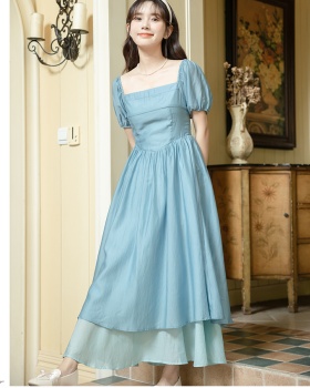 Puff sleeve mixed colors big skirt France style lady dress