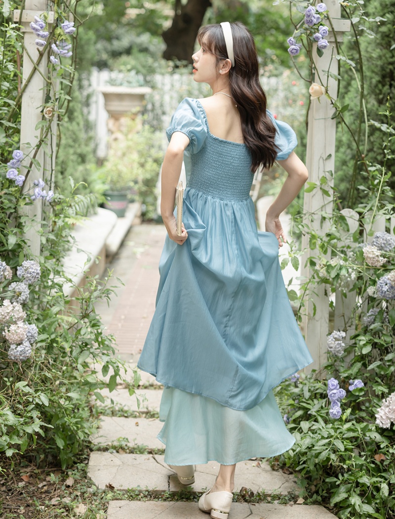 Puff sleeve mixed colors big skirt France style lady dress