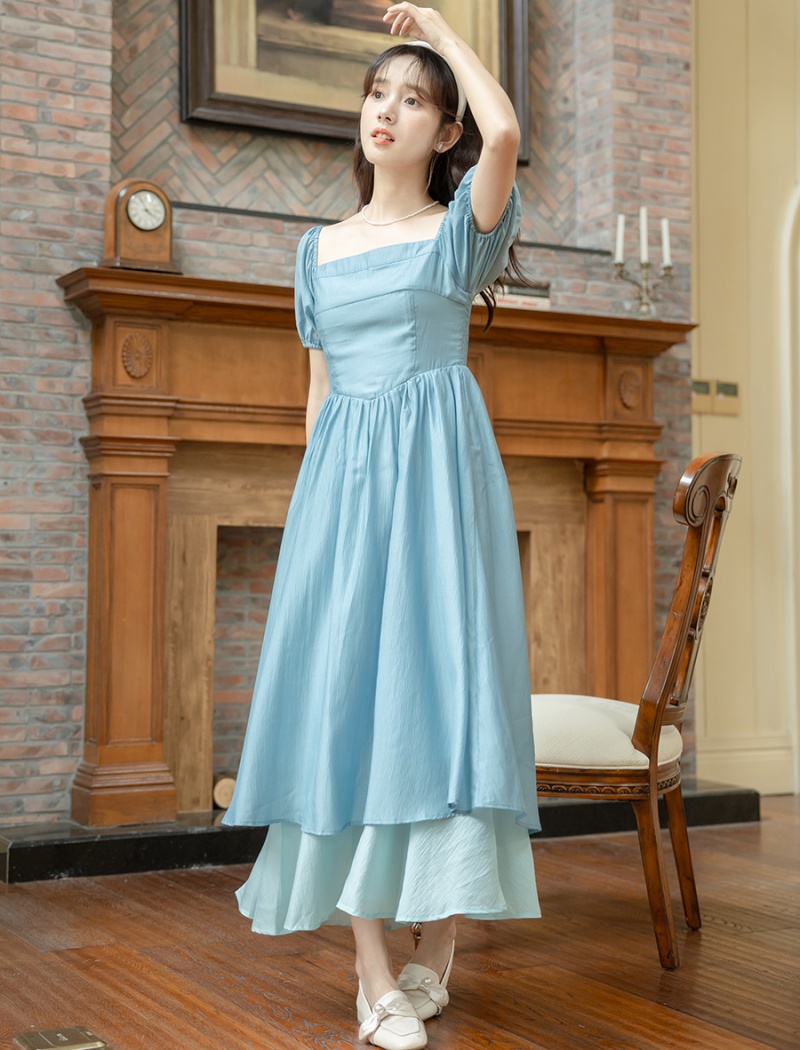 Puff sleeve mixed colors big skirt France style lady dress