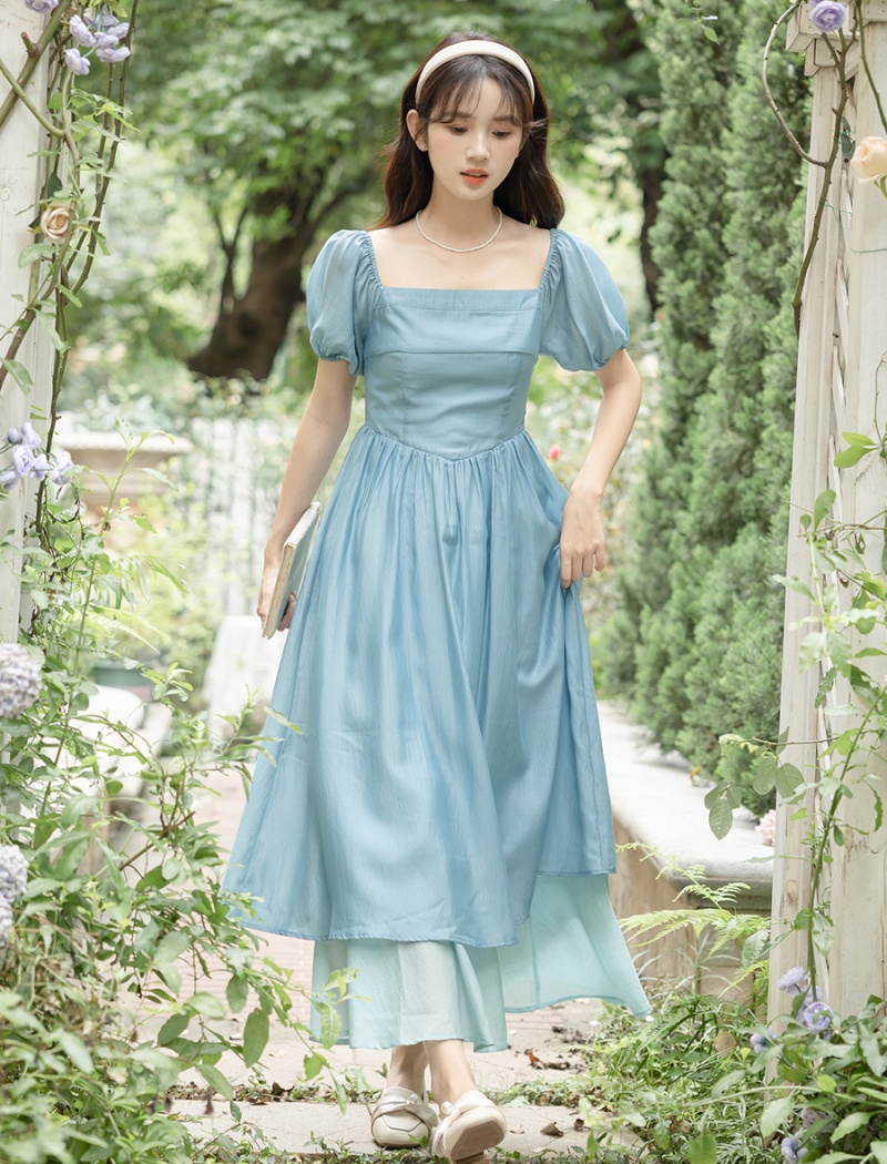 Puff sleeve mixed colors big skirt France style lady dress
