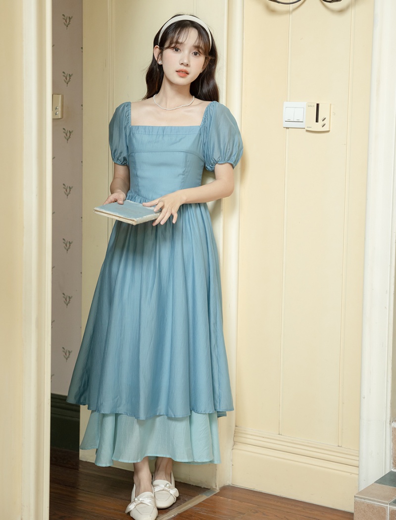 Puff sleeve mixed colors big skirt France style lady dress