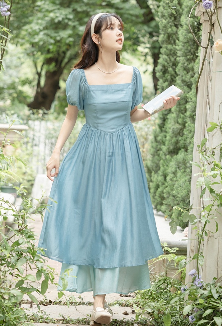 Puff sleeve mixed colors big skirt France style lady dress