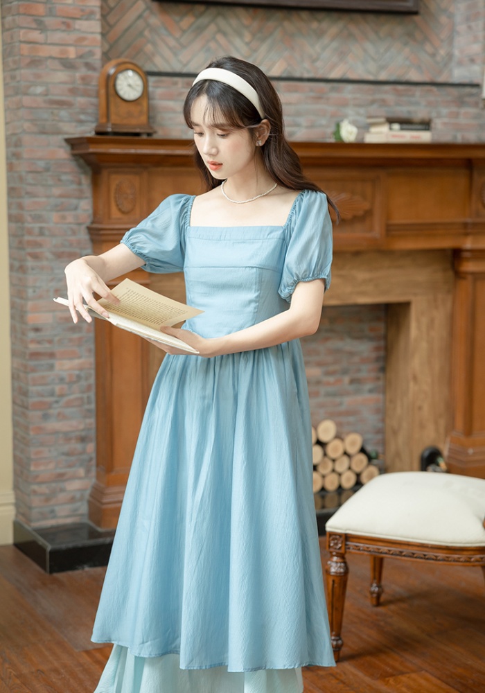 Puff sleeve mixed colors big skirt France style lady dress