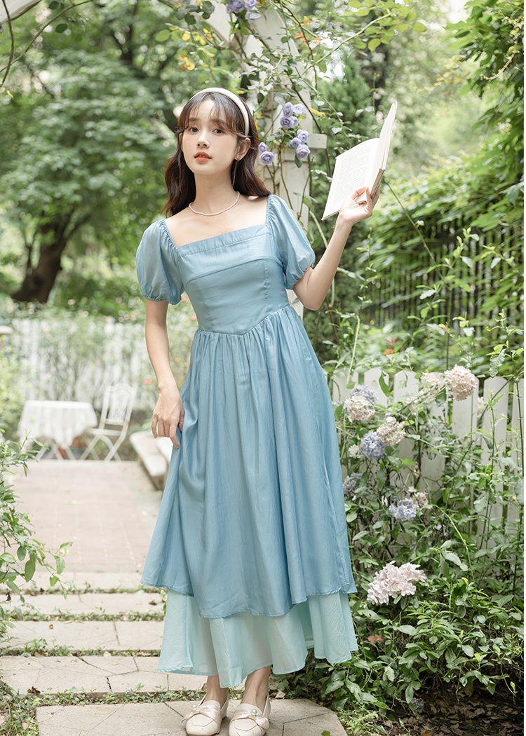 Puff sleeve mixed colors big skirt France style lady dress