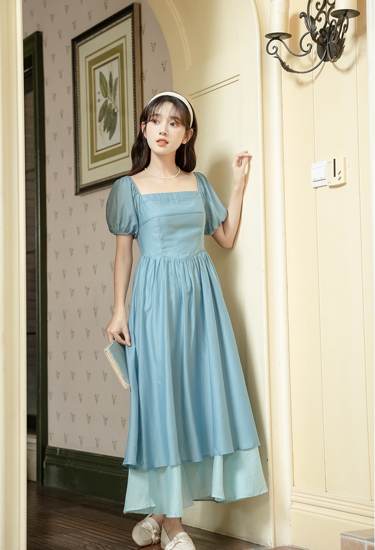 Puff sleeve mixed colors big skirt France style lady dress