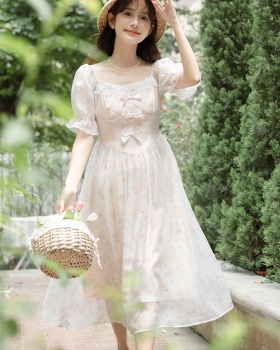 Retro floral France style lady bow chiffon sweet dress